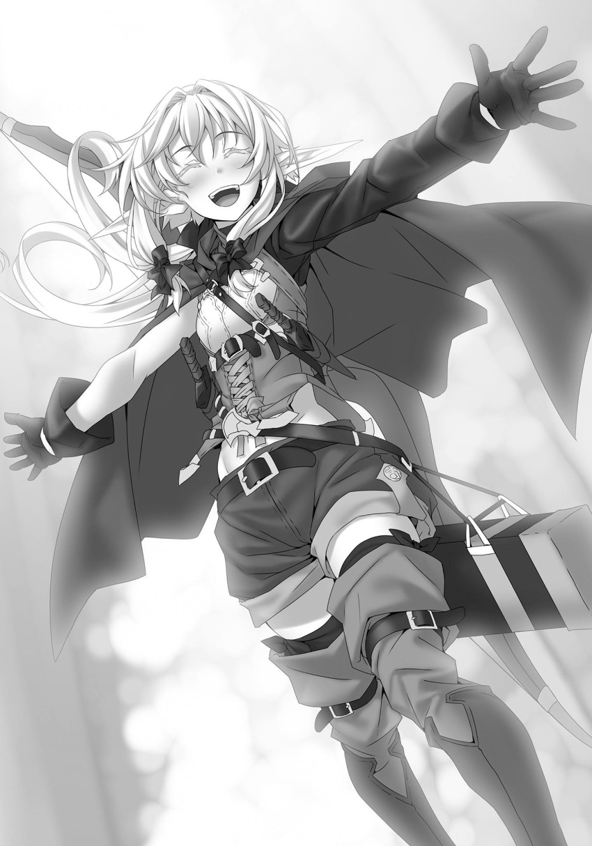 1girl :d asymmetrical_sleeves boots bow_(weapon) closed_eyes eyebrows_visible_through_hair floating_hair from_below gloves goblin_slayer! greyscale hair_between_eyes high_elf_archer_(goblin_slayer!) highres kannatsuki_noboru long_hair long_sleeves monochrome novel_illustration official_art open_mouth outstretched_arm pointy_ears short_shorts shorts smile solo standing thigh-highs thigh_boots very_long_hair weapon zettai_ryouiki