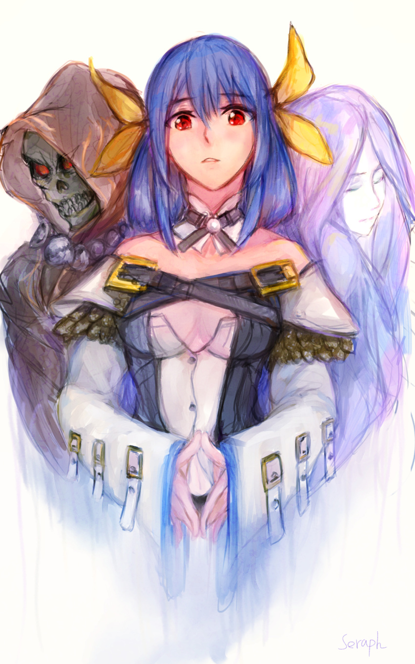 1girl bare_shoulders blue_hair breasts cleavage detached_collar detached_sleeves dizzy guilty_gear highres looking_at_viewer medium_breasts mismatched_wings necro_(guilty_gear) red_eyes ribbon seraph_(salafu) skull solo steepled_fingers undine_(guilty_gear) yellow_ribbon