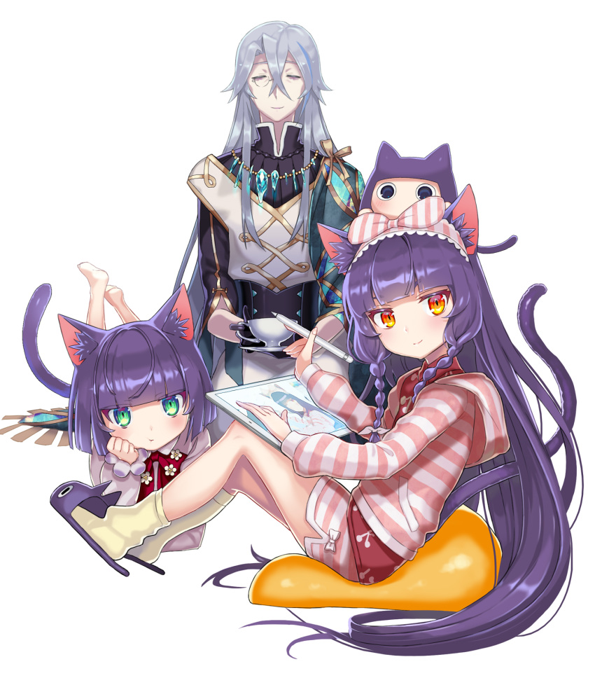 1boy 1girl 1other :t androgynous animal_ears aqua_eyes bangs barefoot blunt_bangs blush bob_cut bow braid cat_ears cat_slippers cat_tail chin_rest closed_eyes commentary_request cup drawing_tablet eyebrows_visible_through_hair gloves headband highres holding holding_cup holding_stylus hood hood_down hoodie knees_up kuroi kuroinyan long_hair long_sleeves looking_at_viewer looking_to_the_side lying mebius_(pixiv_fantasia) monocle multiple_girls on_head on_stomach orange_eyes original pixiv_fantasia pixiv_fantasia_new_world pout purple_hair short_hair silver_hair single_glove sitting slippers socks striped striped_hoodie stylus tail teacup twin_braids