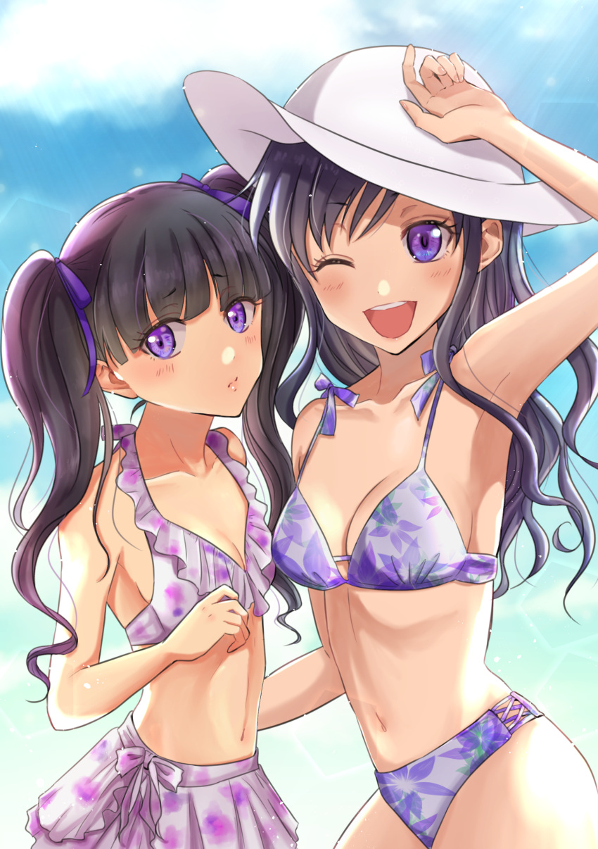 2girls ;d absurdres arm_up armpits bangs bikini bikini_skirt black_hair blue_bikini blurry blurry_background blush breasts character_request cleavage clouds day floating_hair floral_print grey_bikini hair_ribbon hat highres kuroneko_w1nter long_hair medium_breasts multiple_girls one_eye_closed open_mouth outdoors print_bikini purple_ribbon ribbon sideboob small_breasts smile standing sun_hat swimsuit twintails violet_eyes white_hat