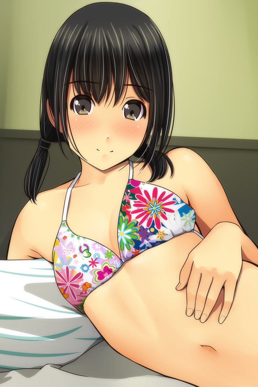 1girl absurdres bare_arms bare_shoulders bikini bikini_top black_hair blush breasts brown_eyes closed_mouth collarbone fingernails floral_print halter_top halterneck hand_on_own_stomach highres long_hair low_twintails lying matsunaga_kouyou navel nose_blush on_side original print_bikini small_breasts smile solo swimsuit twintails white_bikini