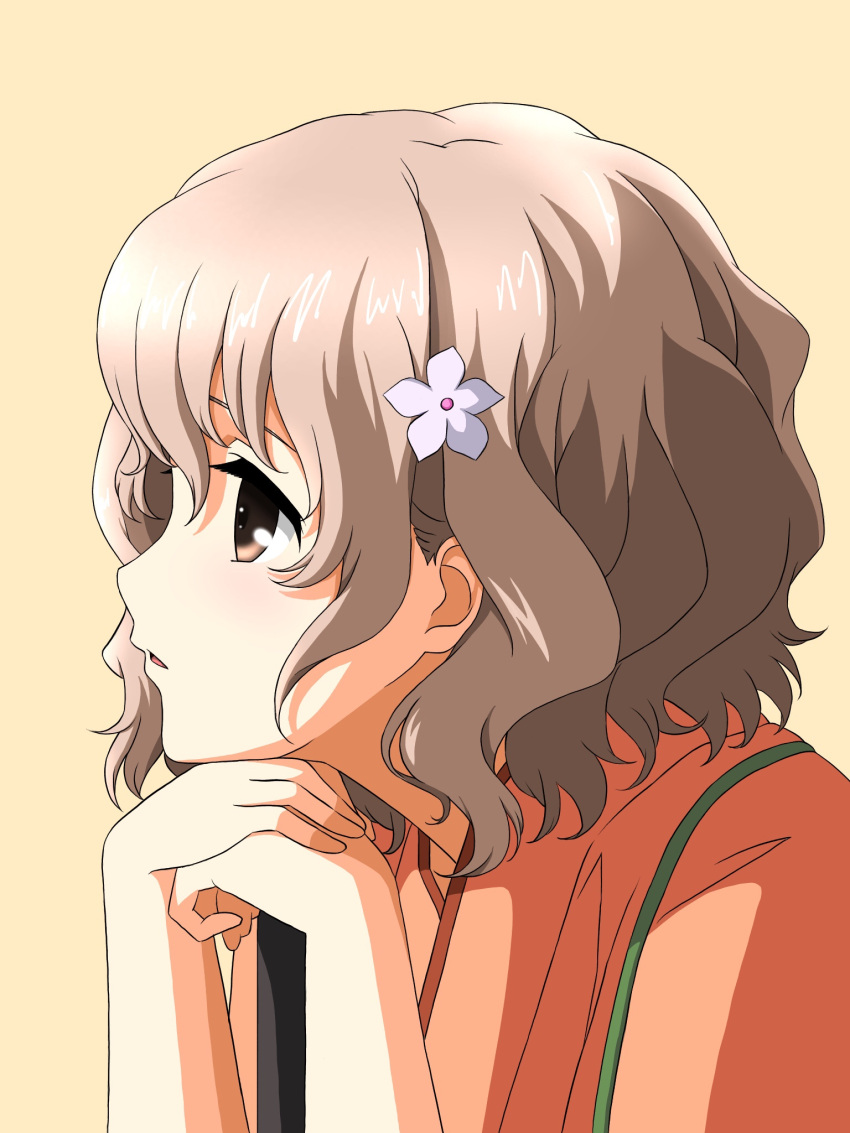 1girl brown_eyes brown_hair flower hair_between_eyes hair_flower hair_ornament hanasaku_iroha highres japanese_clothes kissuisou_uniform looking_afar matsumae_ohana mitsuhiro-510-goto parted_lips short_hair simple_background solo upper_body