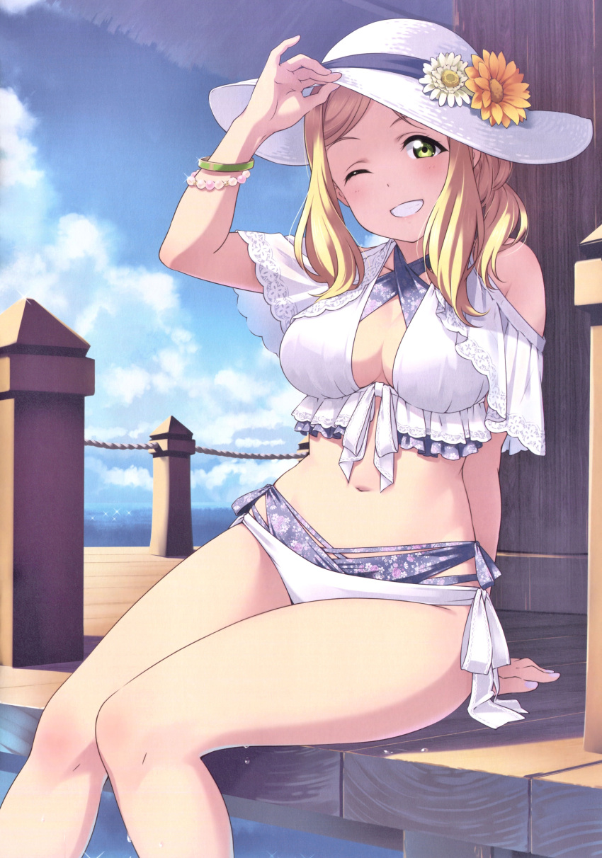1girl absurdres arm_behind_back arm_support bead_bracelet beads bikini blonde_hair blue_sky blush bracelet breasts cleavage criss-cross_halter day deck floral_print flower front-tie_top green_eyes grin halterneck hat hat_flower highres jewelry layered_bikini layered_swimsuit long_hair looking_at_viewer love_live! love_live!_sunshine!! murota_yuuhei nail_polish navel official_art ohara_mari one_eye_closed outdoors sitting sky smile solo sun_hat swimsuit water wet