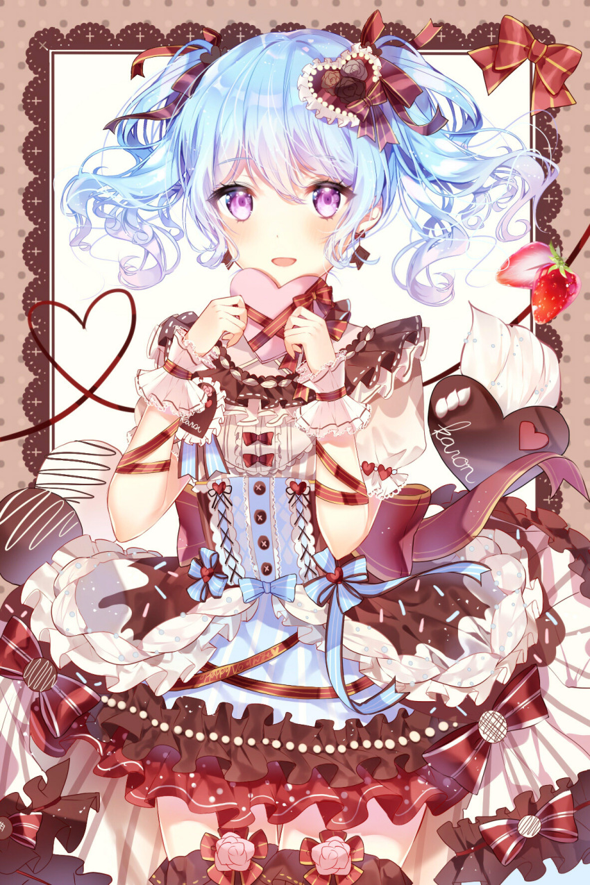 1girl :d alternate_hairstyle bang_dream! bangs blue_bow blue_hair blue_ribbon blush border bow brown_bow brown_ribbon character_name chocolate cream dress eyebrows_visible_through_hair food frilled_dress frilled_sleeves frills fruit gift hair_ornament hair_ribbon heart heart_hair_ornament highres holding holding_gift holding_heart lolita_fashion long_hair looking_at_viewer matsubara_kanon open_mouth red_bow ribbon short_sleeves sidelocks smile solo strawberry striped striped_bow striped_ribbon taya_5323203 twintails valentine violet_eyes wrist_cuffs