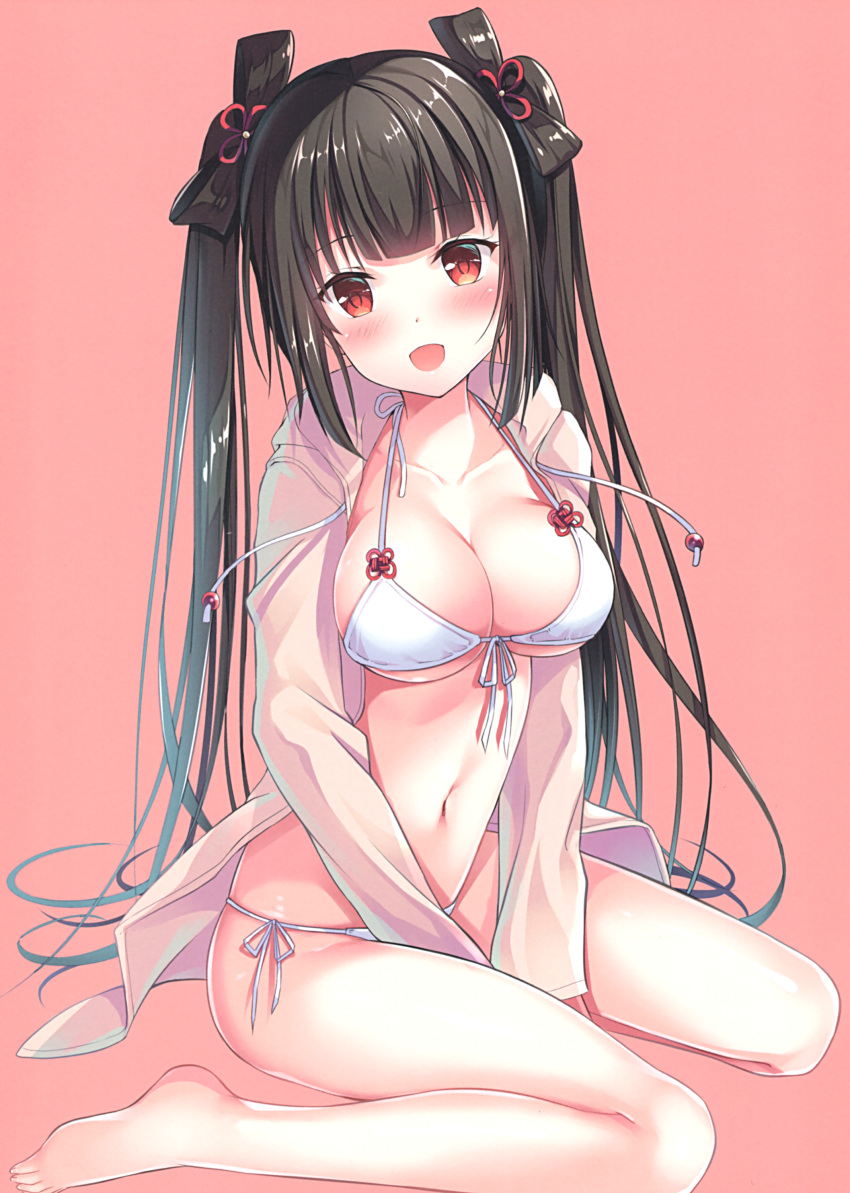 1girl :d absurdres bangs bare_legs barefoot between_legs bikini black_hair blunt_bangs blush breasts cleavage collarbone front-tie_top hair_ribbon highres hood hood_down hoodie large_breasts long_hair looking_at_viewer navel open_clothes open_hoodie open_mouth original pink_background red_eyes ribbon scan side-tie_bikini sitting smile solo sousouman swimsuit twintails v_arms wariza white_bikini