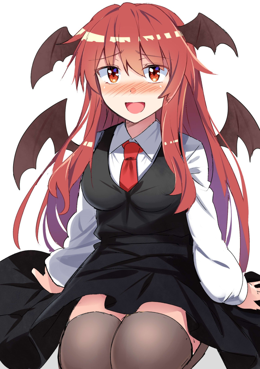 1girl :d arm_support bangs black_skirt black_vest blush breasts commentary_request demon_wings e.o. eyebrows_visible_through_hair hair_between_eyes head_wings highres koakuma long_hair long_sleeves looking_at_viewer medium_breasts necktie nose_blush open_mouth red_eyes red_neckwear redhead seiza sheer_legwear shirt sidelocks simple_background sitting skirt skirt_set smile solo thigh-highs thighs touhou very_long_hair vest white_background white_shirt wings