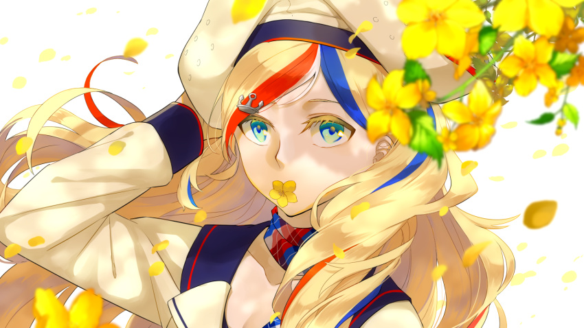 1girl anchor_hair_ornament bangs beret blonde_hair blue_eyes blue_hair closed_mouth collarbone commandant_teste_(kantai_collection) commentary_request eyebrows_visible_through_hair flower french_flag hair_between_eyes hair_ornament hat highres hisame_(gocbu) kantai_collection leaf long_hair long_sleeves looking_at_viewer multicolored multicolored_clothes multicolored_hair multicolored_scarf outdoors petals plaid plaid_scarf redhead scarf simple_background solo streaked_hair swept_bangs wavy_hair white_hair