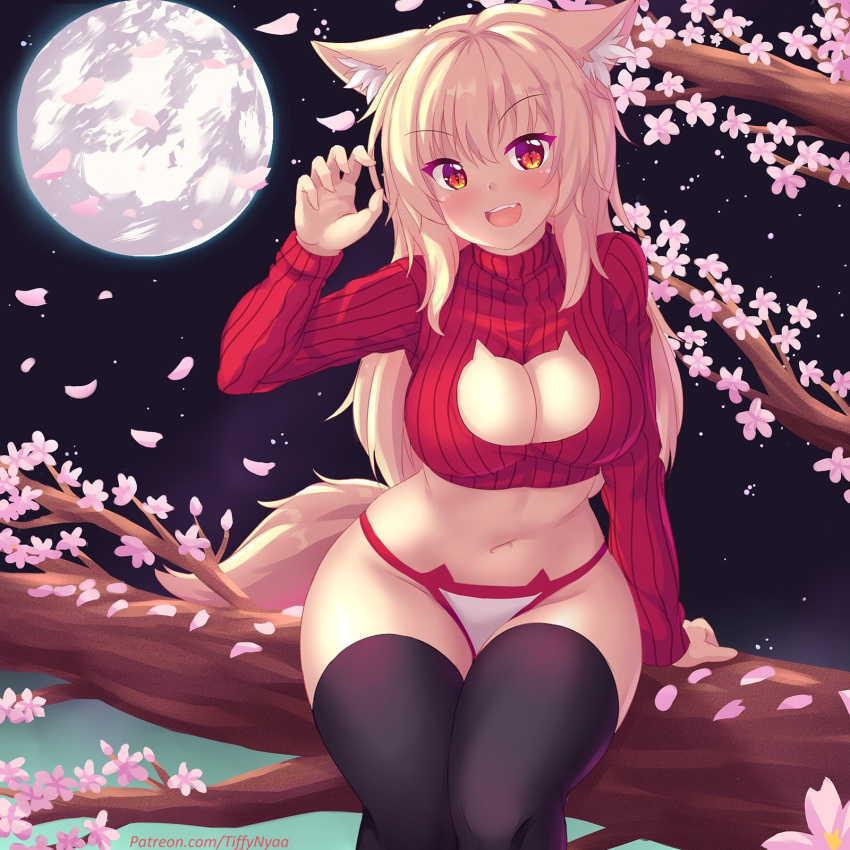 1girl animal_ear_fluff animal_ears animal_print bangs blonde_hair blush breasts cat_cutout cat_ears cat_panties cat_print cherry_blossoms claw_pose cleavage_cutout commentary cropped_sweater english_commentary eyebrows_visible_through_hair fang fast-runner-2024 full_moon highres large_breasts long_hair looking_at_viewer midriff moon night open_mouth original panties patreon_username petals print_panties red_eyes red_sweater ribbed_sweater sitting slit_pupils solo sweater tail thigh-highs tiffy tree underwear watermark web_address