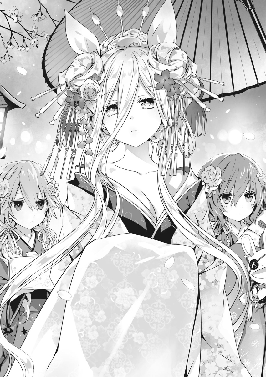 3girls bow breasts character_request cleavage_reach date_a_live eyebrows_visible_through_hair floating_hair greyscale hair_between_eyes hair_bow hair_bun highres japanese_clothes kimono long_hair medium_breasts monochrome multiple_girls novel_illustration official_art oriental_umbrella smile standing tied_hair tsunako umbrella very_long_hair yoshino_(date_a_live) yoshinon yukata