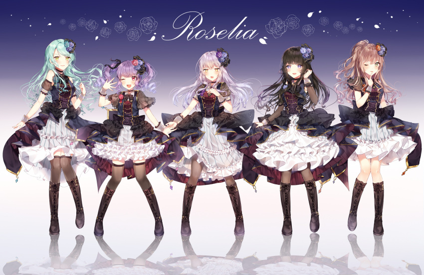 5girls :d ;) ;d aqua_hair aqua_rose ascot bang_dream! bangs black_choker black_flower black_footwear black_hair black_legwear black_neckwear black_ribbon black_rose blue_flower blue_rose blunt_bangs blush boots bow bowtie brown_hair choker clenched_hand collared_dress corsage corset cross-laced_footwear detached_sleeves dress finger_to_mouth flower frilled_dress frills full_body green_eyes group_name hair_flower hair_ornament hair_ribbon half_updo hand_in_hair hand_on_own_chest hand_up highres hikawa_sayo imai_lisa knee_boots long_hair looking_at_viewer minato_yukina multiple_girls one_eye_closed open_mouth overskirt pantyhose purple_flower purple_hair purple_rose red_eyes red_flower red_rose reflection ribbon rose roselia_(bang_dream!) see-through_sleeves shirokane_rinko short_sleeves silver_hair skirt_hold smile standing striped taya_5323203 thigh-highs twintails udagawa_ako vertical_stripes violet_eyes wrist_cuffs yellow_eyes