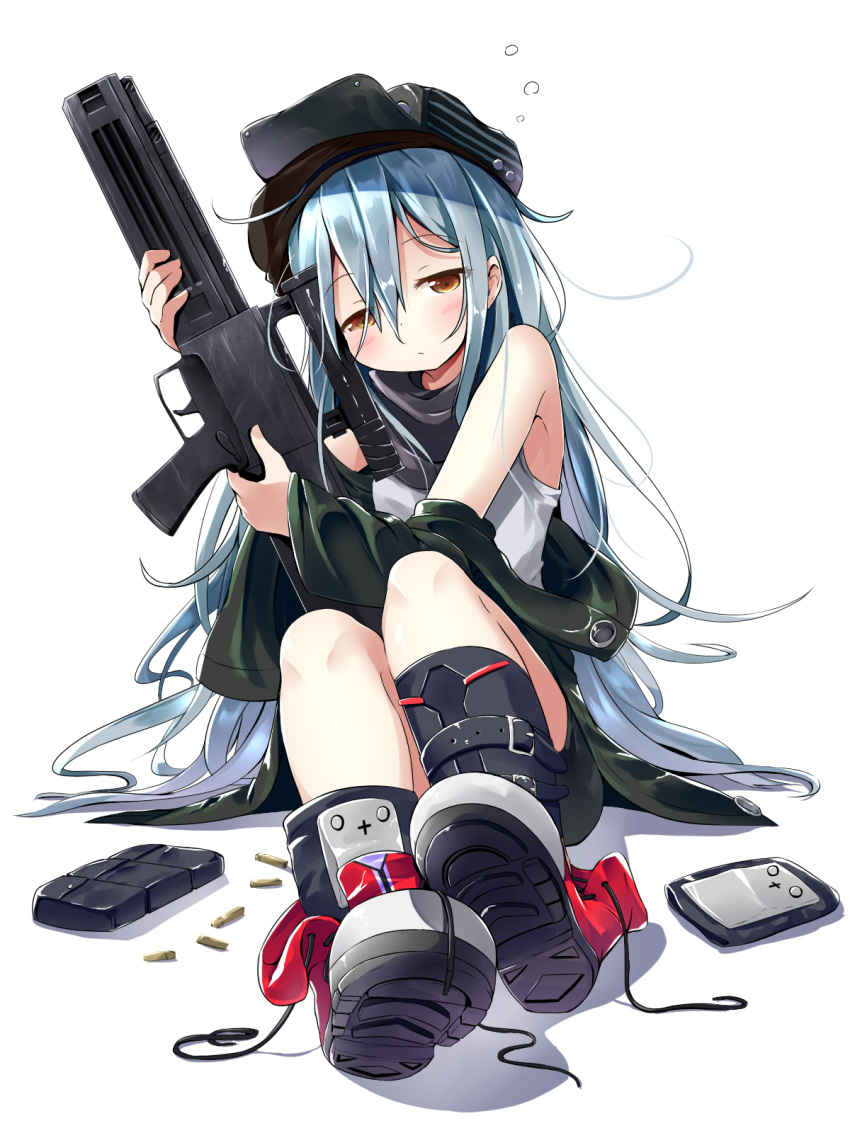 1girl arm_up assault_rifle bangs bike_shorts black_footwear black_shorts blue_hair blush boots brown_eyes closed_mouth commentary_request eyebrows_visible_through_hair flat_cap full_body g11_(girls_frontline) girls_frontline green_hat green_jacket gun h&amp;k_g11 hair_between_eyes half-closed_eyes hat head_tilt highres holding holding_gun holding_weapon jacket long_hair long_sleeves looking_at_viewer makuran object_namesake off_shoulder open_clothes open_jacket rifle scope shoe_soles short_shorts shorts sitting sleeves_past_wrists solo tank_top very_long_hair weapon white_background white_tank_top