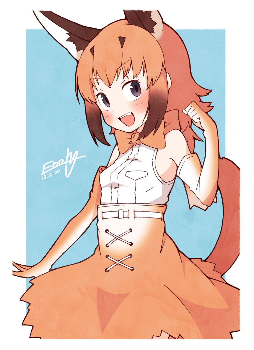 1girl absurdres bare_shoulders belt blue_eyes bow bowtie brown_hair caracal_(kemono_friends) caracal_ears caracal_tail clenched_hand commentary_request cowboy_shot dated elbow_gloves enk_0822 eyebrows_visible_through_hair fang gloves hand_up high-waist_skirt highres kemono_friends light_brown_hair long_hair multicolored_hair open_mouth signature skirt sleeveless solo tail white_hair