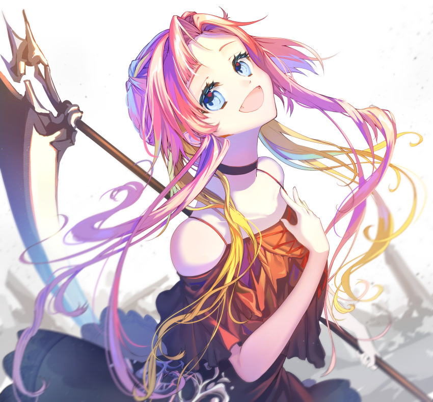 1girl :d absurdres black_dress blue_eyes choker collarbone dress fangs floating_hair head_tilt highres hikari50503 holding holding_scythe long_hair looking_at_viewer off-shoulder_dress off_shoulder open_mouth original pink_hair red_ribbon ribbon scythe short_sleeves simple_background smile solo white_background