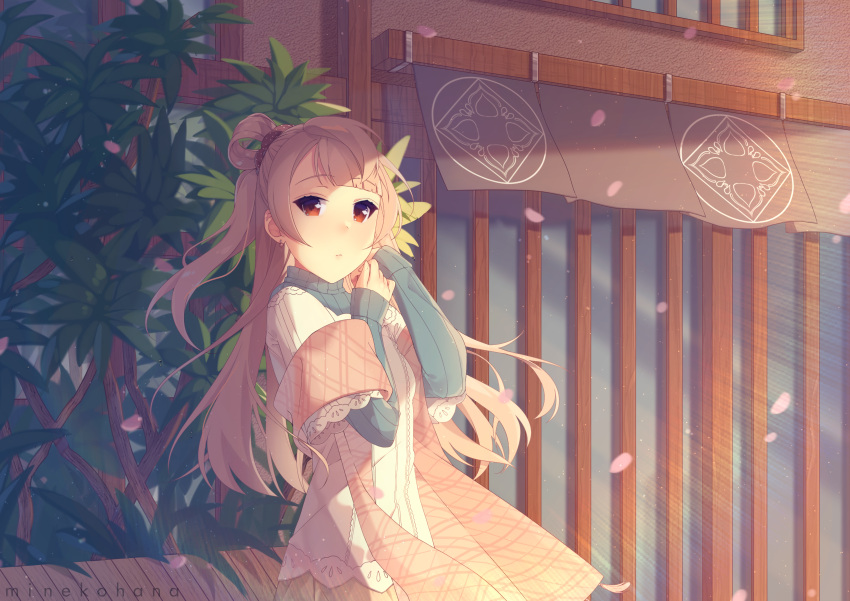 1girl absurdres artist_name bangs brown_eyes brown_scarf building earrings hands_up highres huge_filesize jewelry light_brown_hair long_hair long_sleeves looking_at_viewer love_live! love_live!_school_idol_project minami_kotori minekohana outdoors petals plant ponytail scarf standing sunlight sweater turtleneck turtleneck_sweater upper_body