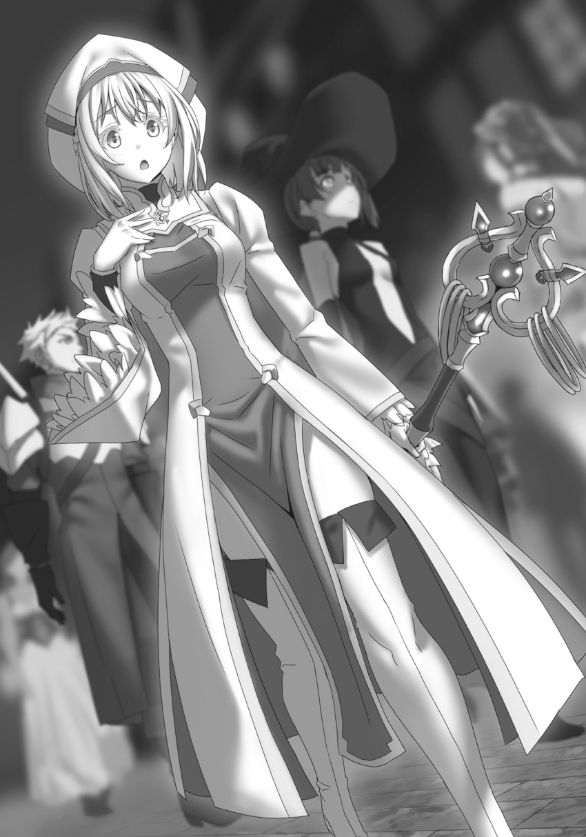 blurry blurry_background boots breasts character_request dress eyebrows_visible_through_hair from_below gloves goblin_slayer! greyscale highres holding holding_staff kannatsuki_noboru monochrome novel_illustration official_art open_mouth pantyhose shoulder_armor sleeveless sleeveless_dress small_breasts solo_focus spaulders staff thigh-highs thigh_boots