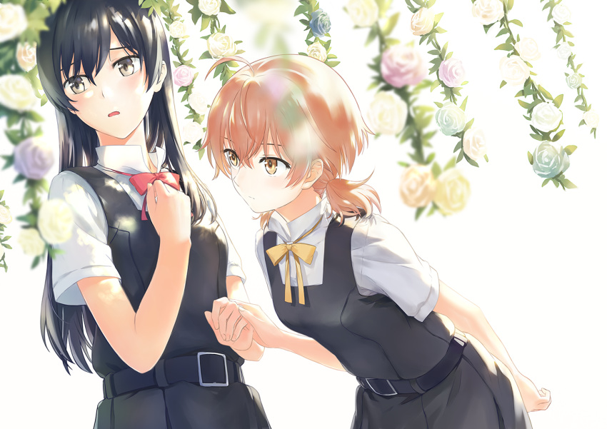 2girls :o ahoge bangs belt black_belt black_hair blurry blush breasts brown_hair collared_shirt depth_of_field eyebrows_visible_through_hair flower hand_holding hand_on_own_chest koito_yuu long_hair looking_at_another looking_to_the_side medium_breasts multiple_girls nanami_touko red_neckwear ribbon rose sankareien school_uniform shirt short_ponytail white_shirt yagate_kimi_ni_naru yellow_neckwear yuri