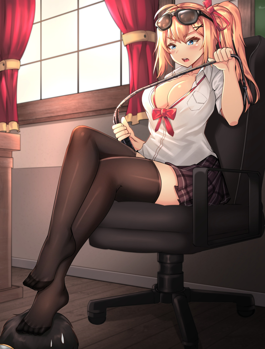 1boy 1girl absurdres ahoge black-framed_eyewear black_hair black_legwear blonde_hair blue_eyes blush bow bowtie breast_pocket breasts chair cleavage clyde_s collarbone collared_shirt commentary_request curtains eyebrows_visible_through_hair eyewear_on_head feet femdom foot_on_head girls_frontline hair_ornament hair_ribbon hairclip highres huge_filesize indoors kalina_(girls_frontline) large_breasts legs_crossed long_hair looking_down loose_bowtie no_bra no_shoes on_chair open_clothes open_mouth open_shirt plaid plaid_skirt pleated_skirt pocket purple_skirt red_neckwear red_ribbon revision ribbon riding_crop shirt short_sleeves side_ponytail sitting skirt solo_focus stepping sunglasses thigh-highs upper_teeth v-shaped_eyebrows white_shirt window x_hair_ornament zettai_ryouiki