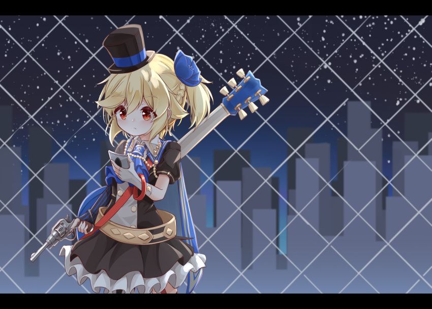 1girl absurdres bangs black_hat black_shirt black_skirt blonde_hair blue_flower blue_neckwear blush braid brown_gloves chain-link_fence cityscape closed_mouth collared_shirt commentary_request elbow_gloves electric_guitar eyebrows_visible_through_hair fence fingerless_gloves flower frilled_skirt frills girls_frontline gloves guitar gun hair_between_eyes hair_flower hair_ornament handgun hat highres holding holding_gun holding_weapon instrument instrument_on_back letterboxed matsuo_(matuonoie) mini_hat mini_top_hat mismatched_gloves nagant_m1895 nagant_revolver_(girls_frontline) night night_sky object_namesake one_side_up outdoors pleated_skirt puffy_short_sleeves puffy_sleeves red_eyes revolver shirt short_sleeves skirt sky solo standing star star_(sky) starry_sky striped striped_gloves top_hat weapon white_gloves