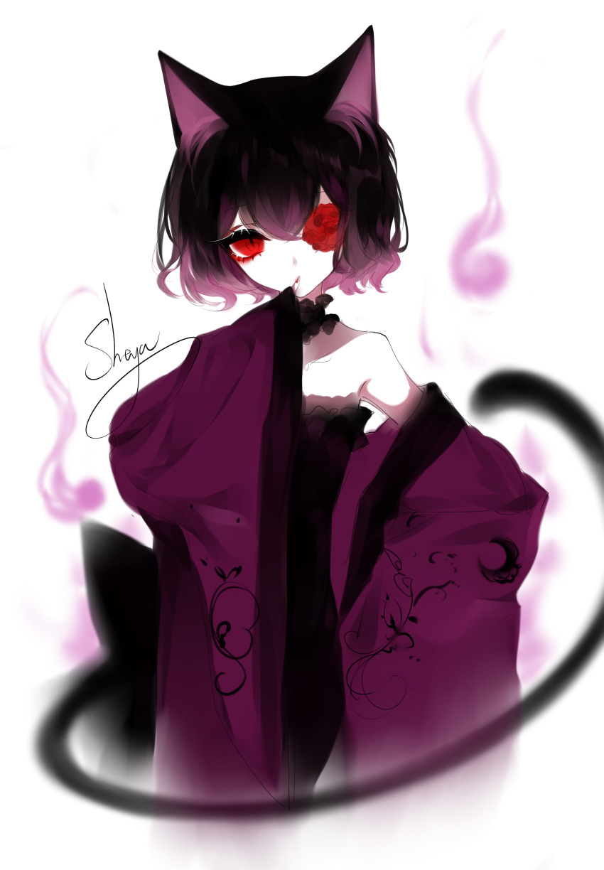 1girl absurdres animal_ears artist_name bare_shoulders black_dress black_hair black_neckwear blurry blurry_background cat cat_ears cat_tail cloak commentary dress eyebrows_visible_through_hair flower hair_between_eyes highres looking_at_viewer one_eye_covered original purple_cloak red_eyes red_flower red_rose rose sheya short_hair signature simple_background solo tail upper_body white_background wide_sleeves