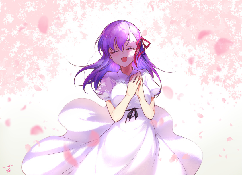 1girl :d absurdres black_ribbon cherry_blossoms closed_eyes dress fate/stay_night fate_(series) floating_hair hair_ribbon highres huge_filesize long_dress long_hair matou_sakura open_mouth otinksan purple_hair red_ribbon rei_no_himo ribbon short_sleeves signature smile solo standing sundress white_dress