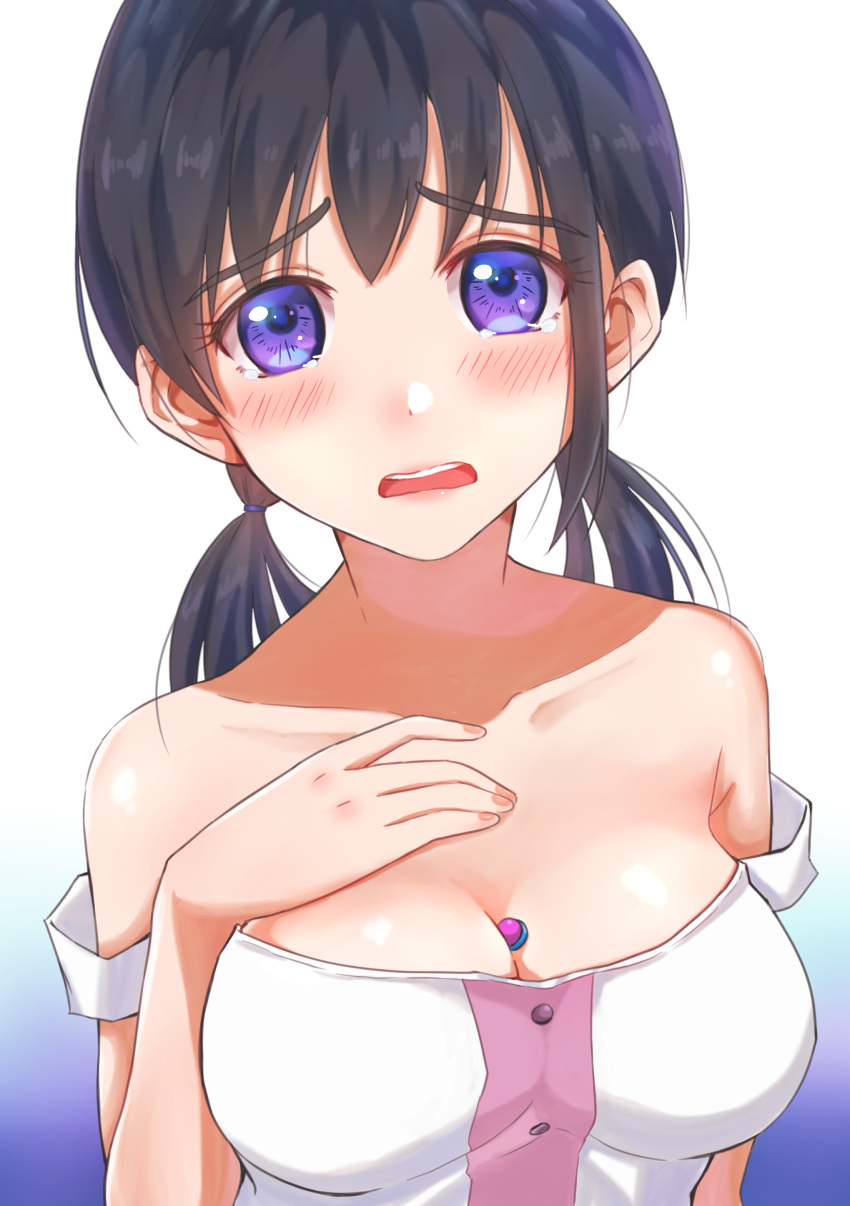 1girl absurdres between_breasts black_hair blue_eyes blush breasts character_request cleavage collarbone eyebrows_visible_through_hair highres kuroneko_w1nter long_hair looking_at_viewer low_twintails medium_breasts open_mouth shiny shiny_hair shirt simple_background sleeveless sleeveless_shirt solo twintails upper_body white_background white_shirt