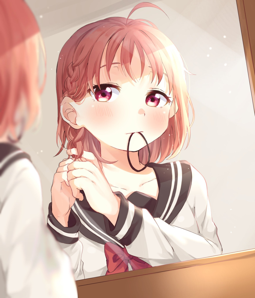 1girl :| ahoge bangs blurry_foreground blush bow bowtie braid braiding_hair closed_mouth collarbone commentary_request hair_tie hair_tie_in_mouth hairdressing highres long_sleeves love_live! love_live!_sunshine!! makura_(makura0128) mirror mouth_hold orange_hair red_eyes red_neckwear school_uniform serafuku short_hair side_braid solo takami_chika upper_body uranohoshi_school_uniform