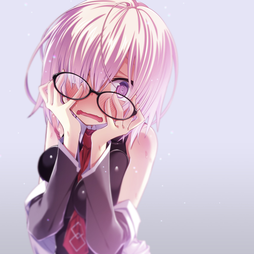 1girl absurdres ahoge black-framed_eyewear black_dress blurry blush breasts detached_sleeves dress fate/grand_order fate_(series) full-face_blush glasses grey_background hair_over_one_eye hands_on_own_face highres looking_at_viewer mash_kyrielight medium_breasts open_mouth pink_hair sakuya_tsuitachi short_hair sleeveless solo upper_body violet_eyes