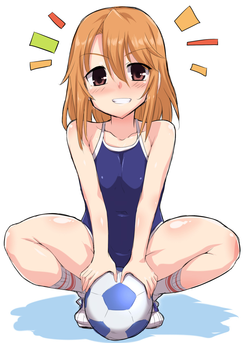 /\/\/\ 1girl absurdres ball blue_swimsuit brown_eyes brown_hair competition_school_swimsuit covered_navel flat_chest full_body grin highres idolmaster idolmaster_cinderella_girls looking_at_viewer school_swimsuit shoes short_hair simple_background smile sneakers soccer_ball socks solo squatting swimsuit telstar white_background white_footwear white_legwear yoshi_tama yuuki_haru