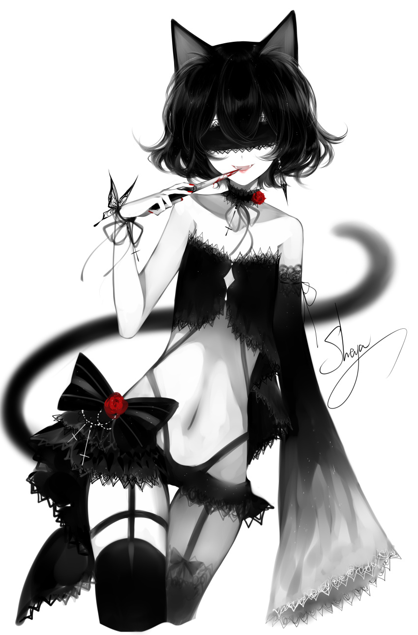 1girl :d absurdres animal_ears artist_name bare_arms bare_shoulders black_bow black_hair black_legwear blindfold blood bloody_weapon bow bug butterfly cat_ears cat_tail cowboy_shot detached_sleeves facing_viewer fangs flower garter_straps hand_up highres holding holding_knife holding_weapon insect knife limited_palette long_sleeves midriff navel open_mouth original red_flower red_rose rose sheya signature smile solo spot_color standing stomach strapless tail thigh-highs thighs tubetop weapon wide_sleeves