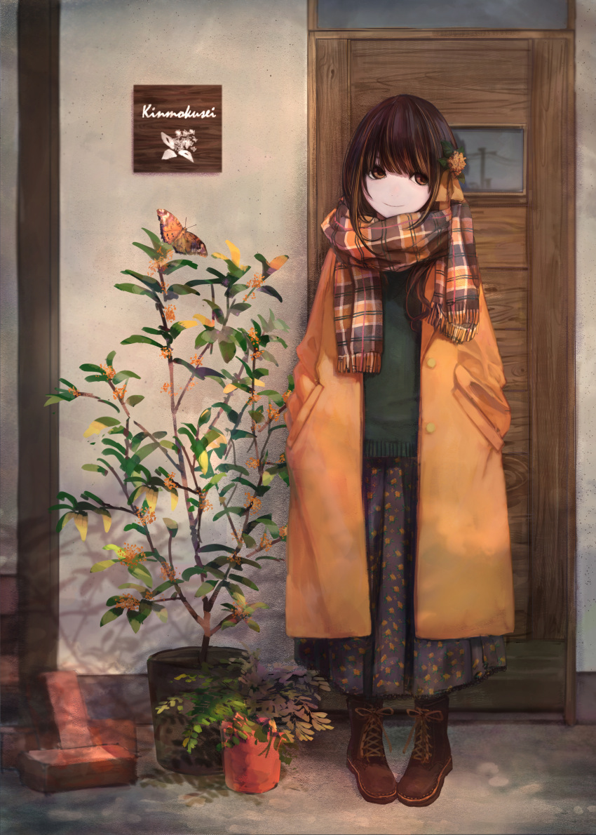 1girl absurdres against_door ankle_boots boots brown_eyes brown_hair bug butterfly commentary_request cross-laced_footwear flower full_body hair_flower hair_ornament hair_ribbon hands_in_pockets hashimoto_kokai highres huge_filesize insect lace-up_boots long_coat long_skirt original pigeon-toed plaid plaid_scarf ribbon scarf skirt smile solo winter_clothes