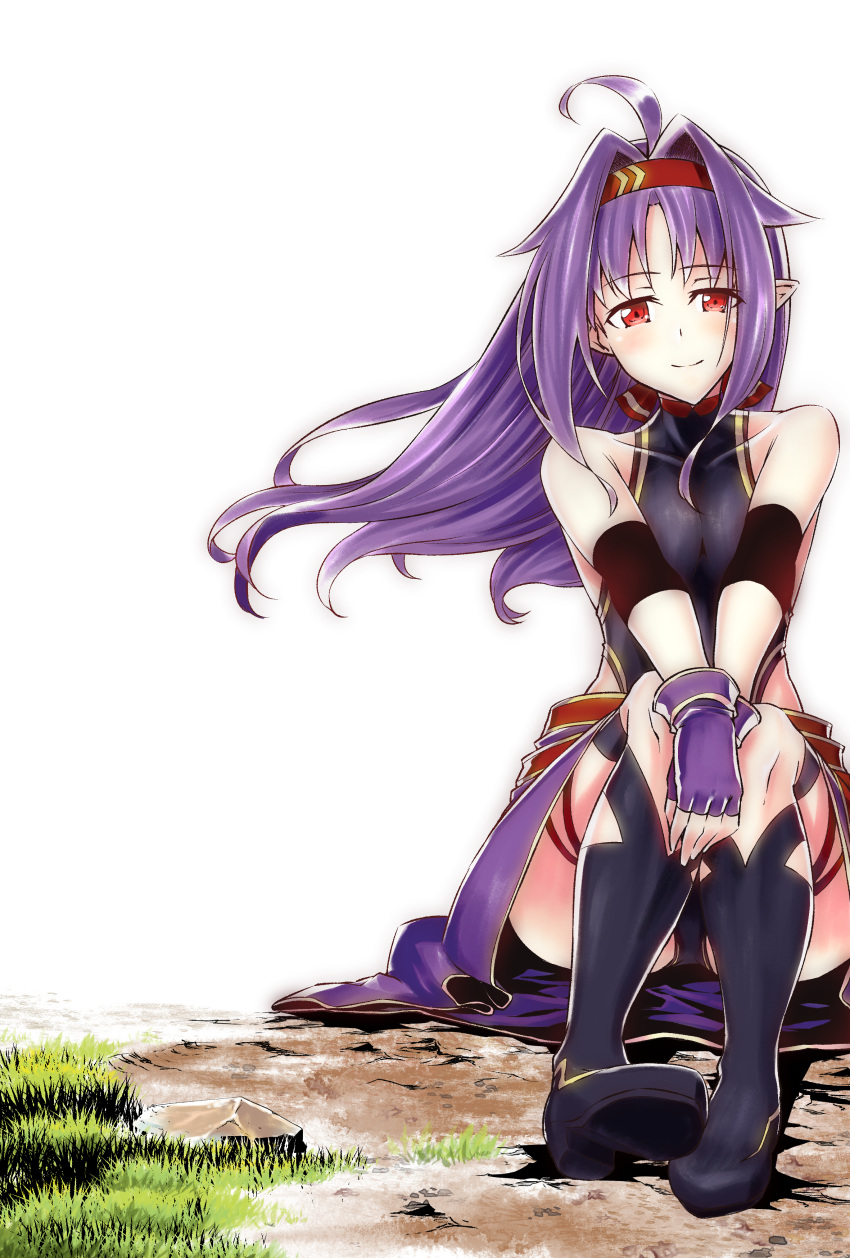 1girl absurdres ayukan. fingerless_gloves gloves grass highres long_hair looking_at_viewer pointy_ears portrait purple_hair red_eyes sitting smile solo sword_art_online thigh-highs yuuki_(sao)