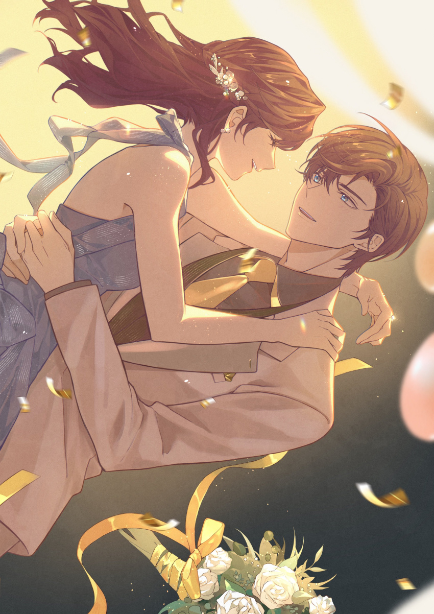 1boy 1girl :d absurdres artem_wing_(tears_of_themis) backless_dress backless_outfit bangs bare_shoulders black_shirt blue_eyes bouquet brown_hair closed_eyes collared_shirt dress earrings flower formal highres jacket jewelry jiukuzi18797 long_hair looking_at_another necktie open_mouth purple_dress rosa_(tears_of_themis) rose shirt short_hair sleeveless sleeveless_dress smile tears_of_themis white_flower white_jacket white_rose yellow_necktie