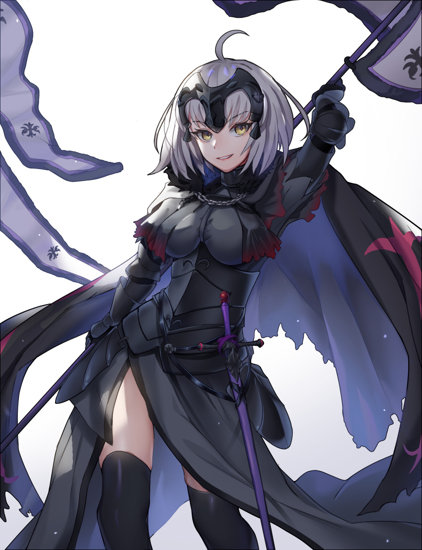 1girl absurdres ahoge arm_up armor armored_dress banner black_dress black_legwear breasts dress eyebrows_visible_through_hair fate/grand_order fate_(series) faulds gauntlets highres holding jeanne_d'arc_(alter)_(fate) jeanne_d'arc_(fate)_(all) large_breasts looking_at_viewer parted_lips sheath sheathed short_hair silver_hair simple_background slaon55 solo standing sword thigh-highs weapon white_background yellow_eyes