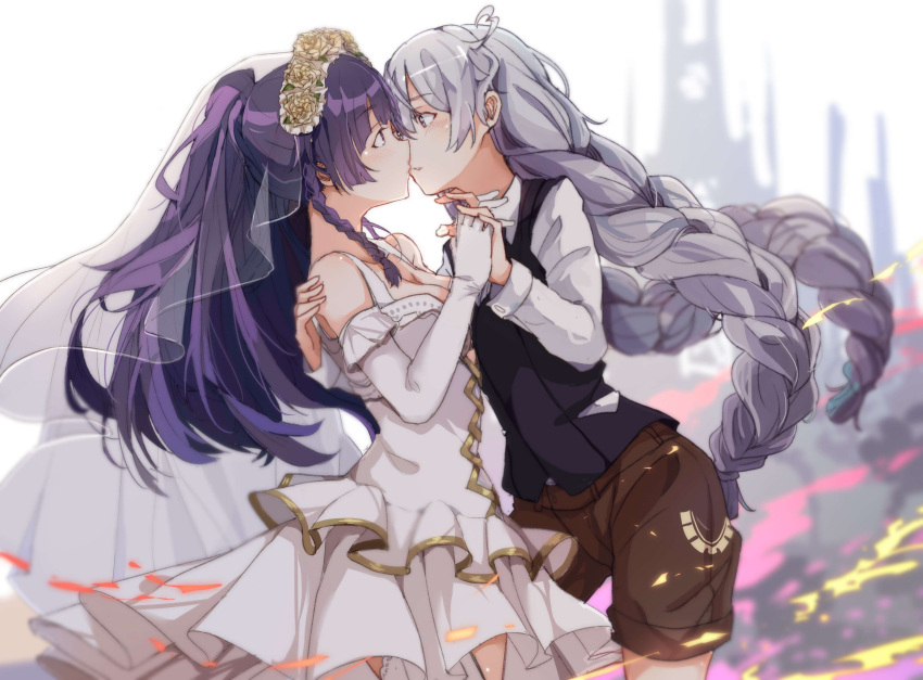 2girls absurdres bare_shoulders black_vest blush braid breasts bridal_veil bride brown_shorts cleavage commentary_request couple dress elbow_gloves eye_contact flower gloves hair_between_eyes hair_flower hair_ornament hand_holding highres honkai_(series) honkai_impact_3 imminent_kiss kiana_kaslana long_hair long_sleeves looking_at_another multiple_girls pleated_dress profile purple_hair raiden_mei shirt shorts silver_hair twin_braids veil very_long_hair vest wedding_dress white_dress white_gloves white_shirt wife_and_wife xuu_shi_times yuri