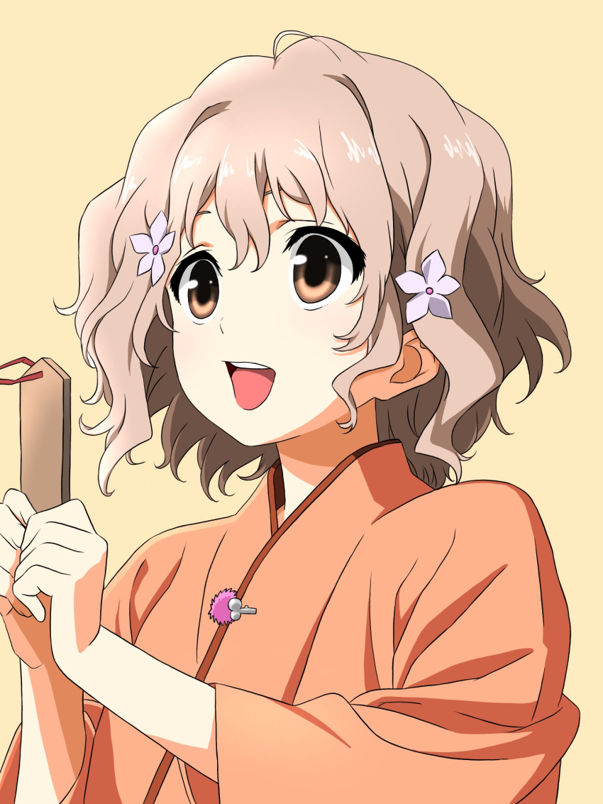 1girl :d brown_eyes brown_hair flower hair_flower hair_ornament hanasaku_iroha highres japanese_clothes kissuisou_uniform matsumae_ohana mitsuhiro-510-goto open_mouth short_hair simple_background smile solo upper_body wide_sleeves