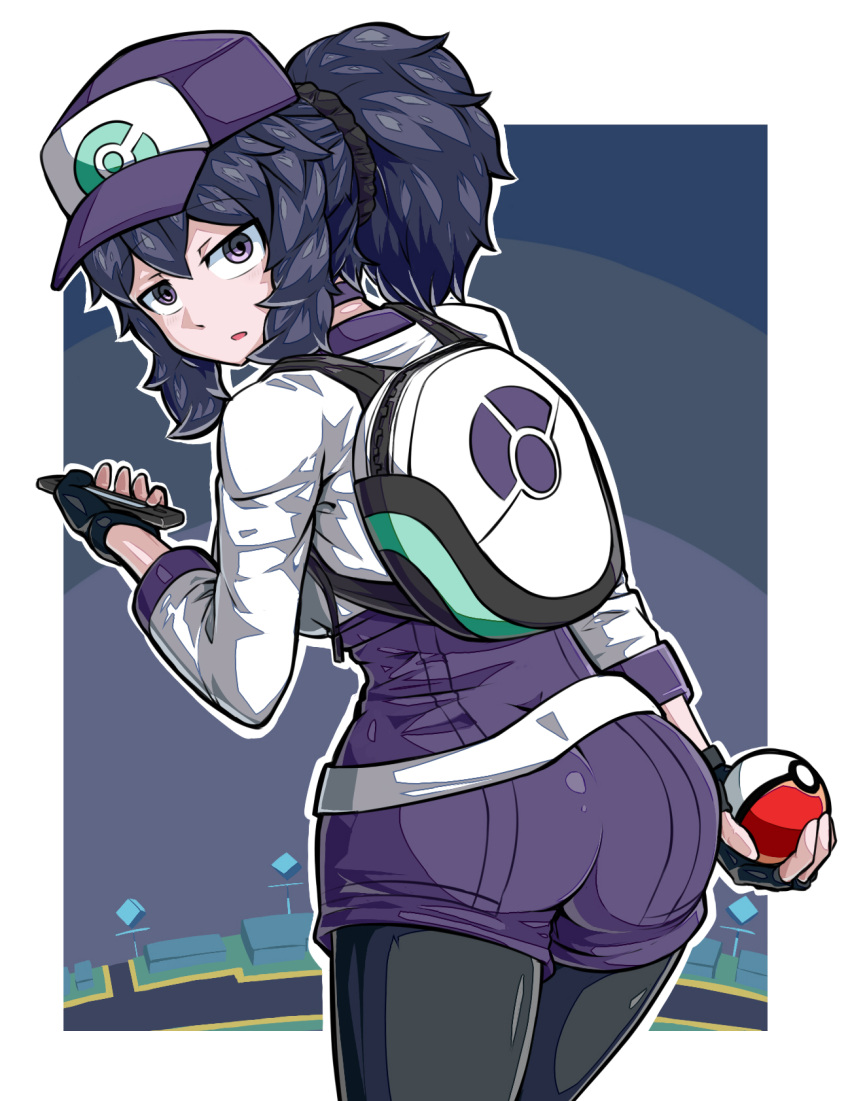1girl al_bhed_eyes arm_at_side ass backpack bag baseball_cap belt black_hair black_legwear cellphone choker cosplay creatures_(company) cropped_jacket eyebrows_visible_through_hair female_protagonist_(pokemon_go) female_protagonist_(pokemon_go)_(cosplay) fingerless_gloves from_behind game_freak gloves hair_ornament hair_scrunchie hand_up hat hex_maniac_(pokemon) highres holding holding_phone holding_poke_ball jacket leggings long_hair long_sleeves looking_at_viewer looking_back nintendo parted_lips phone poke_ball poke_ball_(generic) pokemon pokemon_(game) pokemon_go pokemon_xy ponytail scrunchie short_jumpsuit smartphone solo suzusiigasuki upper_body violet_eyes walking
