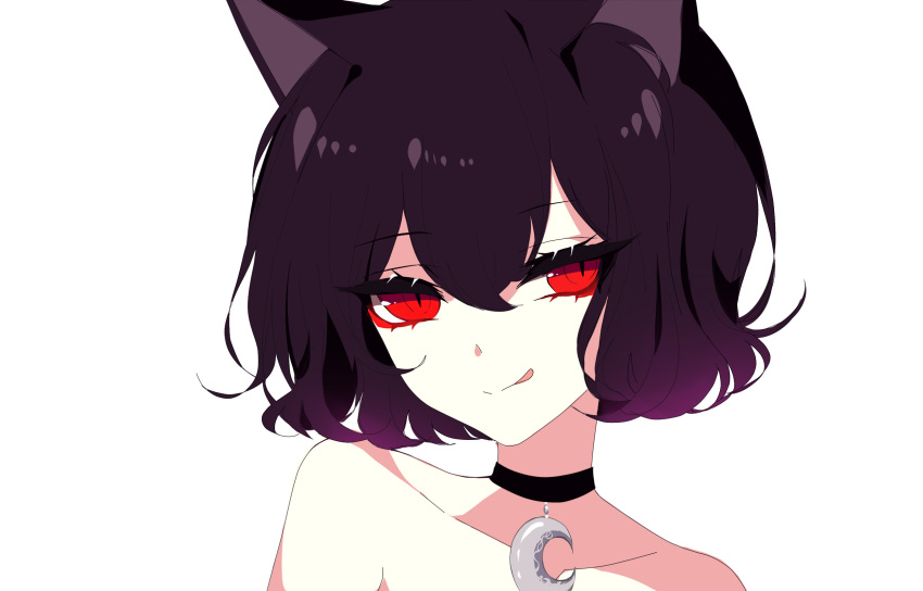 1girl :q animal_ears bangs bare_shoulders black_choker black_hair cat_ears choker collarbone crescent crescent_choker eyebrows_visible_through_hair hair_between_eyes highres looking_at_viewer original portrait red_eyes sheya short_hair simple_background smile solo tongue tongue_out white_background
