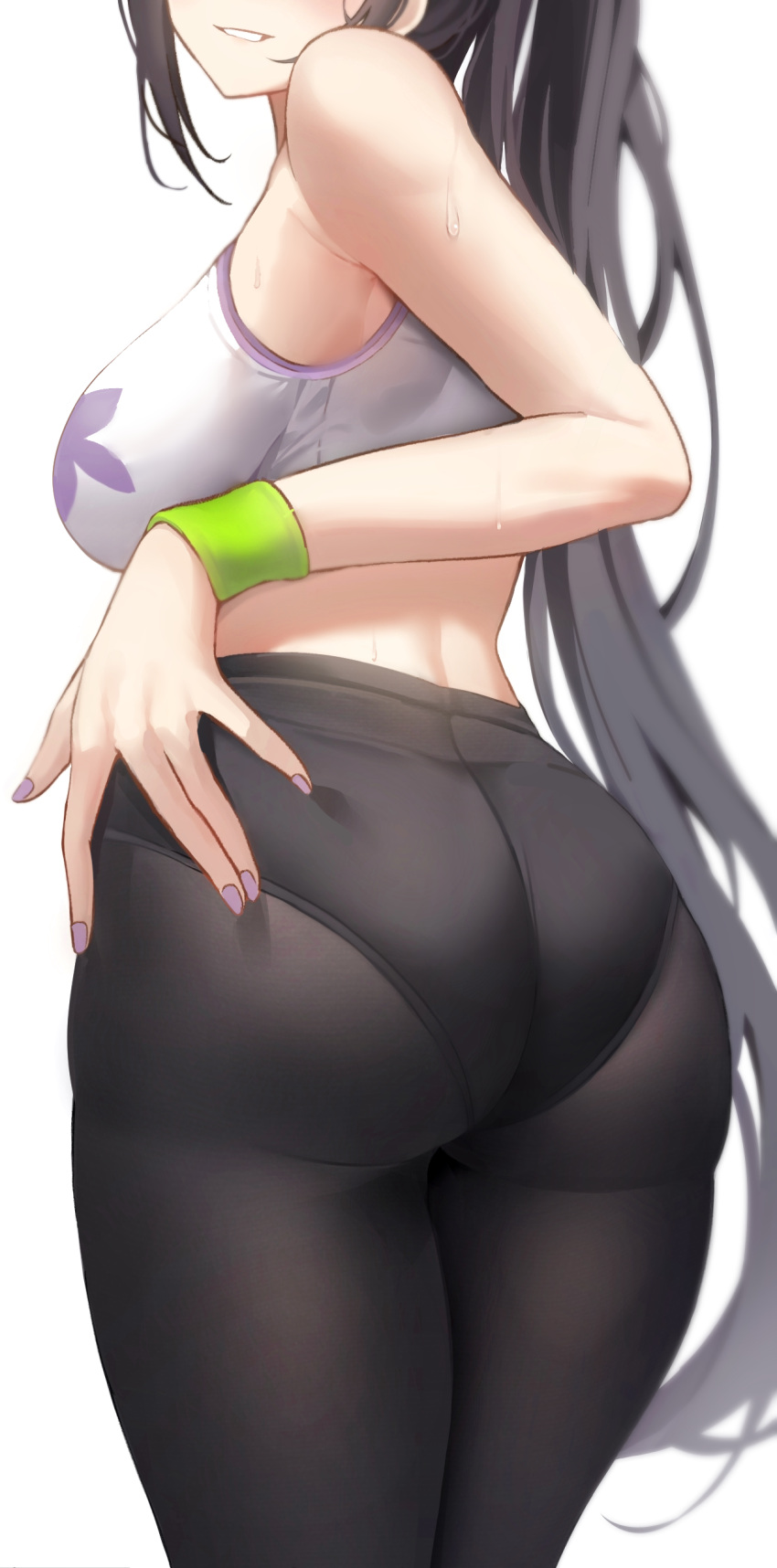1girl absurdres arm_behind_back ass bare_shoulders black_hair black_pants blue_archive breasts commentary from_behind hand_on_hip head_out_of_frame highres jyn_1024 large_breasts legs_together long_hair nail_polish pants pantylines ponytail purple_nails simple_background smile solo sports_bra standing sumire_(blue_archive) sweat thighs very_long_hair white_background white_sports_bra wristband yoga_pants