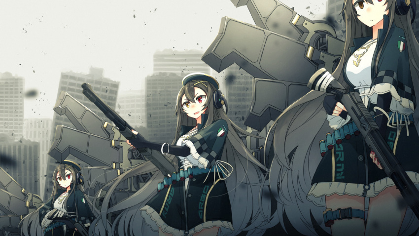 3girls bangs benelli_m1014 black_gloves black_jacket brown_eyes brown_hair building clouds cloudy_sky commentary elbow_gloves english_commentary eyebrows_visible_through_hair finger_on_trigger fingernails girls_frontline gloves gun hair_between_eyes hair_ornament heterochromia highres holding holding_gun holding_weapon jacket long_hair m1014_(girls_frontline) multiple_girls object_namesake outdoors overcast red_eyes short_sleeves shotgun shotgun_shells sky skyscraper usui_harusame v-shaped_eyebrows very_long_hair weapon wide_sleeves x_hair_ornament