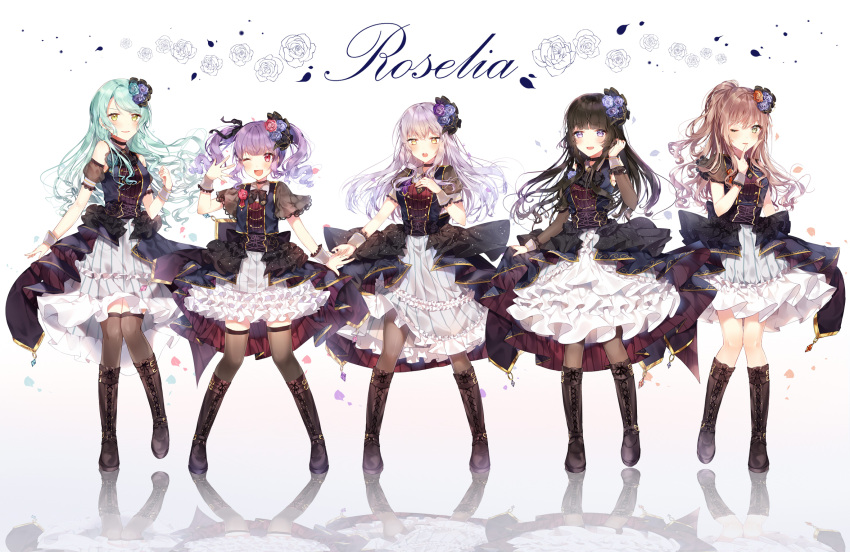 5girls :d ;) ;d aqua_hair aqua_rose ascot bang_dream! bangs black_choker black_flower black_footwear black_hair black_legwear black_neckwear black_ribbon black_rose blue_flower blue_rose blunt_bangs blush boots bow bowtie brown_hair choker clenched_hand collared_dress corsage corset cross-laced_footwear detached_sleeves dress finger_to_mouth flower frilled_dress frills full_body green_eyes group_name hair_flower hair_ornament hair_ribbon half_updo hand_in_hair hand_on_own_chest hand_up highres hikawa_sayo imai_lisa knee_boots long_hair looking_at_viewer minato_yukina multiple_girls one_eye_closed open_mouth overskirt pantyhose purple_flower purple_hair purple_rose red_eyes red_flower red_rose reflection ribbon rose roselia_(bang_dream!) see-through_sleeves shirokane_rinko short_sleeves silver_hair skirt_hold smile standing striped taya_5323203 thigh-highs twintails udagawa_ako vertical_stripes violet_eyes wrist_cuffs yellow_eyes