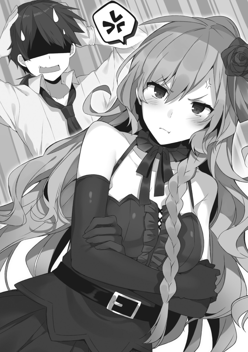 1boy 1girl anger_vein belt bush choker collarbone elbow_gloves eyebrows_visible_through_hair flower frown gloves greyscale hair_between_eyes hair_flower hair_ornament hand_on_head highres mishima_kurone monochrome neck_ribbon necktie novel_illustration official_art pleated_skirt ponytail ribbon rokudenashi_majutsu_koushi_to_akashic_record rose shaded_face shirt skirt speech_bubble sweatdrop v-shaped_eyebrows