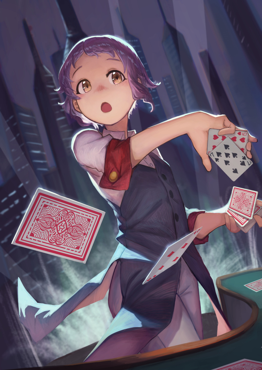 :o absurdres black_vest card highres idolmaster idolmaster_million_live! idolmaster_million_live!_theater_days konoike_(pepe_expect) open_mouth playing_card purple_hair short_hair solo vest yellow_eyes