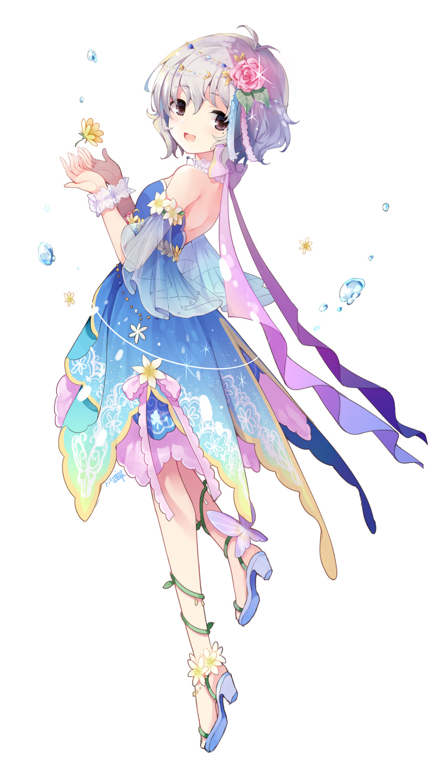 1girl :d absurdres ankle_flower antenna_hair bangs bare_shoulders blue_dress blue_footwear brown_eyes bug butterfly dress eyebrows_visible_through_hair flower full_body grey_hair hair_between_eyes hair_flower hair_ornament hands_up high_heels highres idolmaster idolmaster_cinderella_girls insect looking_at_viewer looking_to_the_side mole mole_under_eye narumiya_yume open_mouth pink_flower pink_rose risui_(suzu_rks) rose see-through shoes signature simple_background smile solo strapless strapless_dress water_drop white_background white_flower wrist_cuffs yellow_flower