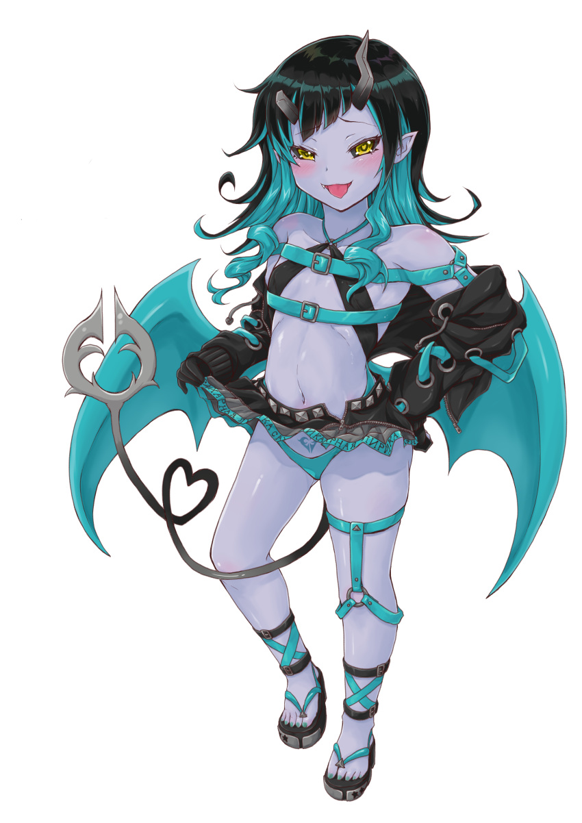 1girl absurdres adapted_costume alternate_eye_color alternate_skin_color bangs belt black_footwear black_gloves black_hair black_jacket black_sclera black_skirt blue_belt blue_hair blue_panties blue_wings blush breasts chest_belt clothes_lift colored_sclera colored_skin commentary_request cross-laced_sleeves demon_girl demon_horns demon_tail demon_wings fang flip-flops full_body gloves grey_skirt halter_top halterneck heart heart-shaped_pupils heart_tail highres horns jacket layered_skirt lifted_by_self long_hair long_sleeves looking_at_viewer miniskirt multicolored_hair nail_polish navel norio_minami open_mouth panties pointy_ears pubic_tattoo purple_skin sandals shishio_chris simple_background skirt skirt_lift small_breasts smile solo sugar_lyric symbol-shaped_pupils tail tattoo thigh_strap toenail_polish toenails transparent_background two-tone_hair underwear virtual_youtuber wings yellow_eyes zipper_skirt