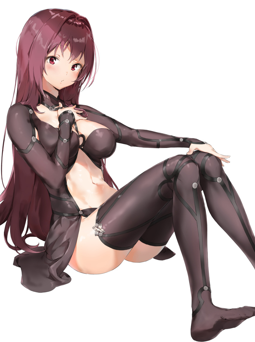 1girl bangs black_legwear bodysuit breasts closed_mouth commentary_request eyebrows_visible_through_hair fate/grand_order fate_(series) foot_out_of_frame hand_on_own_chest hand_on_own_knee highres knees_up long_hair looking_at_viewer medium_breasts midriff no_shoes pixel_(yuxian) purple_hair red_eyes scathach_(fate)_(all) scathach_(fate/grand_order) shiny shiny_hair simple_background sitting skin_tight solo straight_hair thigh-highs very_long_hair white_background