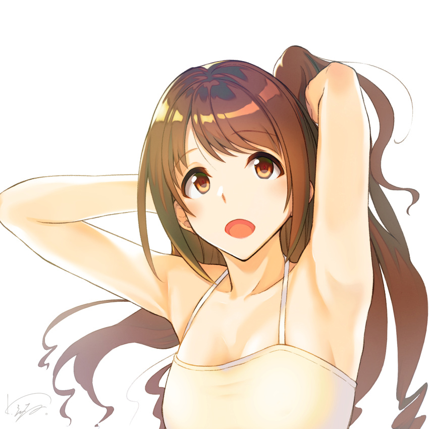 1girl :d armpits bangs breasts brown_eyes brown_hair cleavage collarbone eyebrows_visible_through_hair floating_hair halterneck highres idolmaster idolmaster_cinderella_girls kanamura_will long_hair open_mouth shimamura_uzuki shirt signature simple_background sleeveless sleeveless_shirt small_breasts smile solo swept_bangs tying_hair upper_body very_long_hair white_background white_shirt