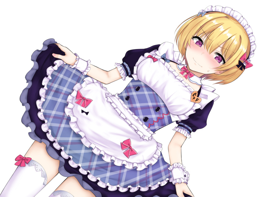 1girl alternate_costume apron blonde_hair blush bow breasts commentary_request eyebrows_visible_through_hair hair_between_eyes hair_bow hair_ornament headdress heart idolmaster idolmaster_shiny_colors looking_at_viewer maid maid_apron maid_dress maid_headdress medium_breasts pink_bow pink_neckwear puffy_sleeves rocha_(aloha_ro_cha) saijou_juri short_hair short_sleeves solo standing thigh-highs violet_eyes white_headdress white_legwear wrist_cuffs