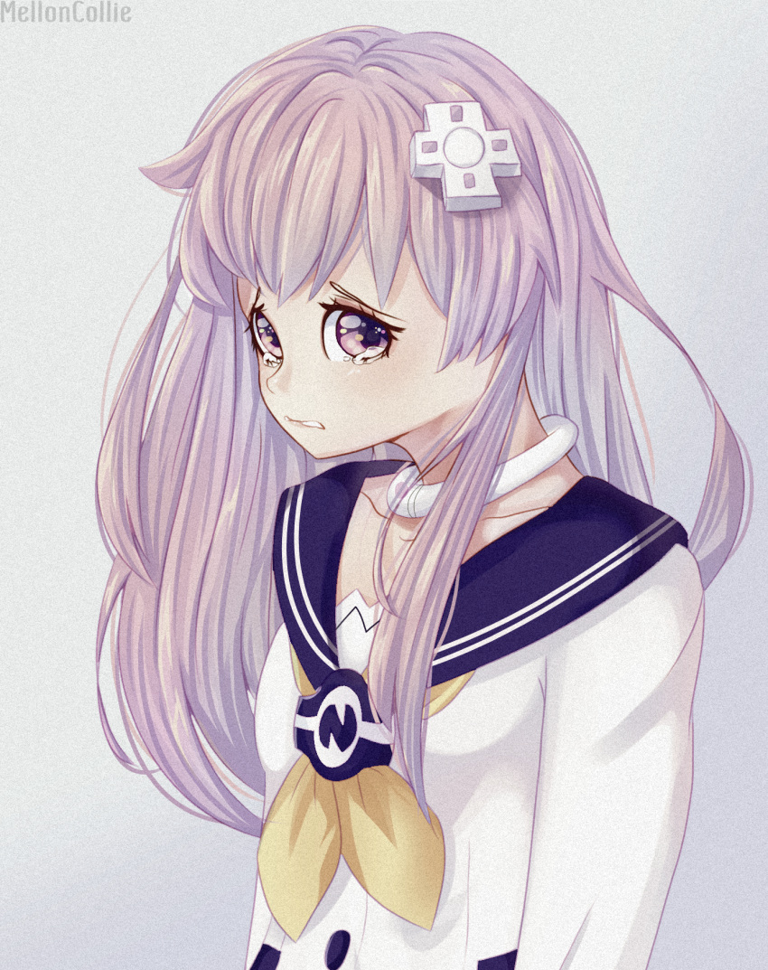 1girl choujigen_game_neptune collar d-pad dress game highres long_hair melloncollie-chan nepgear neptune_(series) purple_hair sad simple_background solo video_game violet_eyes white_dress