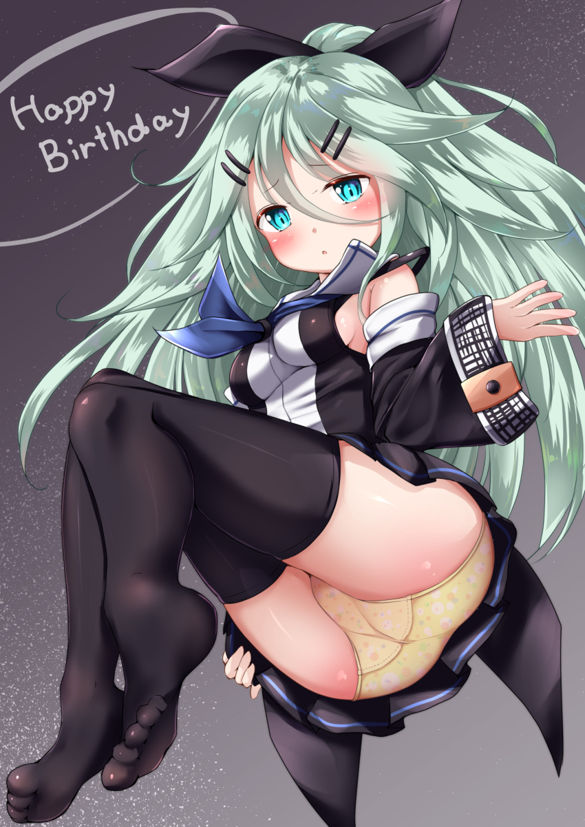 1girl ass bangs black_legwear black_ribbon black_shirt black_skirt black_sleeves blue_eyes blue_neckwear blush breasts collared_shirt commentary_request detached_sleeves eyebrows_visible_through_hair feet full_body green_hair hair_between_eyes hair_ornament hair_ribbon hairclip happy_birthday high_ponytail highres kantai_collection legs long_hair long_sleeves medium_breasts mochiyuki neckerchief no_shoes panties parted_lips pleated_skirt ponytail ribbon shirt skirt sleeveless sleeveless_shirt solo thigh-highs underwear very_long_hair wide_sleeves yamakaze_(kantai_collection) yellow_panties