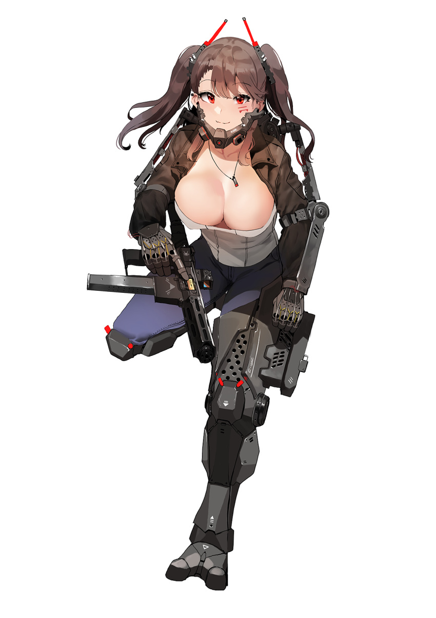 1girl blue_pants breasts brown_gloves brown_hair cleavage closed_mouth collarbone facial_mark fang full_body gloves gun highres holding holding_gun holding_weapon ihobus jewelry large_breasts leg_up long_hair long_sleeves looking_at_viewer mechanical_legs mechanical_parts necklace original pants red_eyes shirt shrug_(clothing) simple_background smile solo standing standing_on_one_leg twintails weapon white_background white_shirt wing_collar